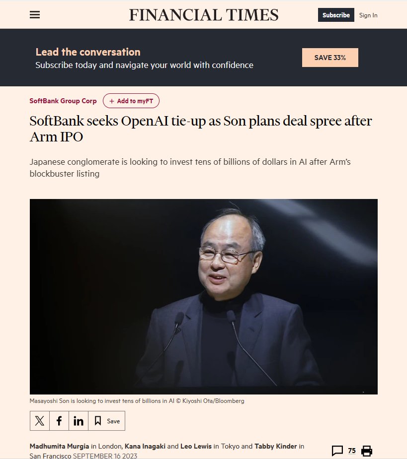 arm上市之后，消息称软银正考虑对openai及其竞争对手进行投资